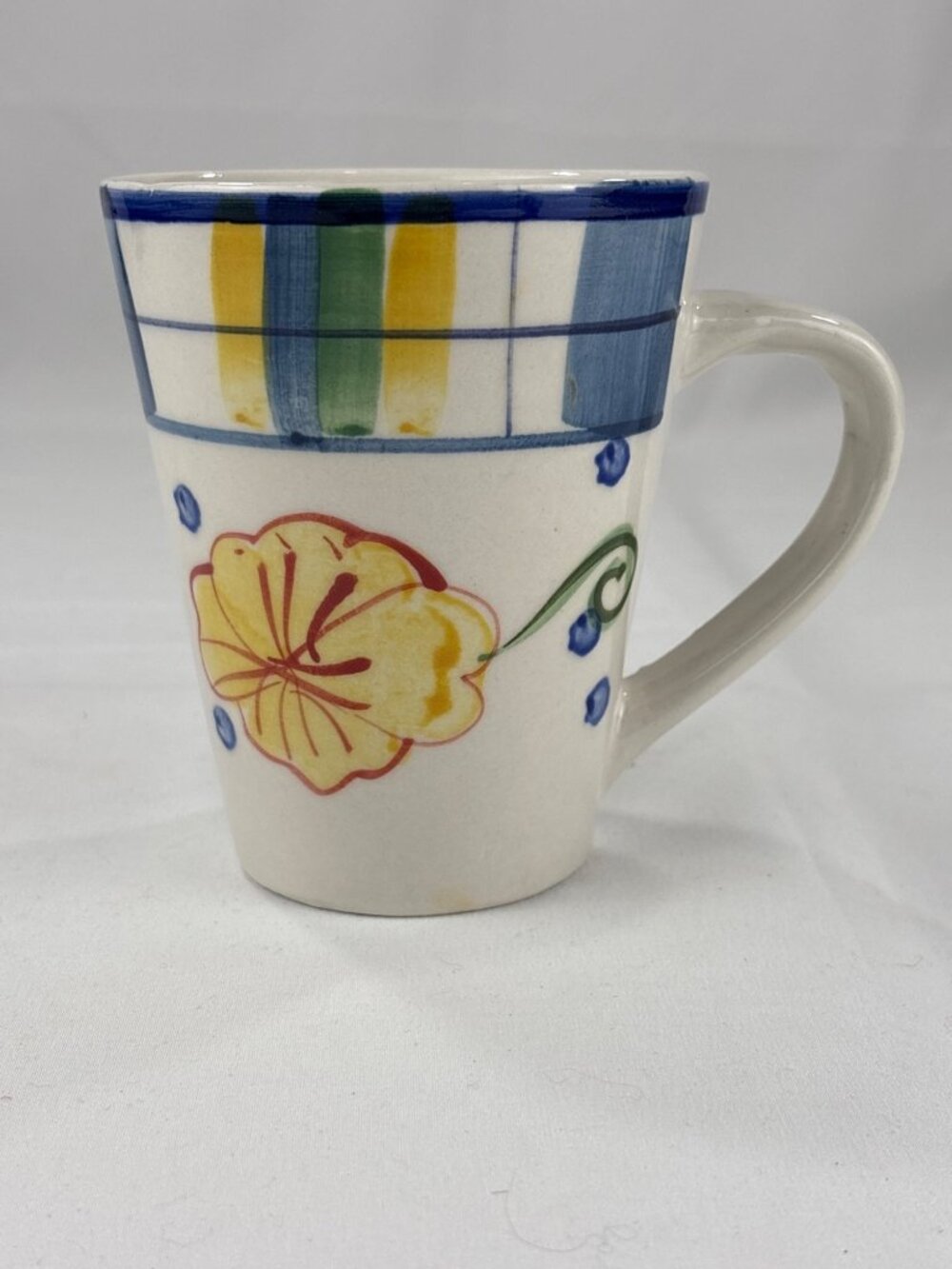 Royal Norfolk Hand Painted Ceramic Mug Yellow Flower Blue Plaid Trim Coffee Cup